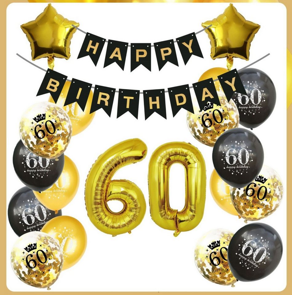 Montegoni Aufblasbares Partyzubehör 60 Geburtstag Deko Set Schwarz Gold, 20 Teilig Set: Girlande, Zahlen, Stern, Konfetti, Latex Ballons von Montegoni