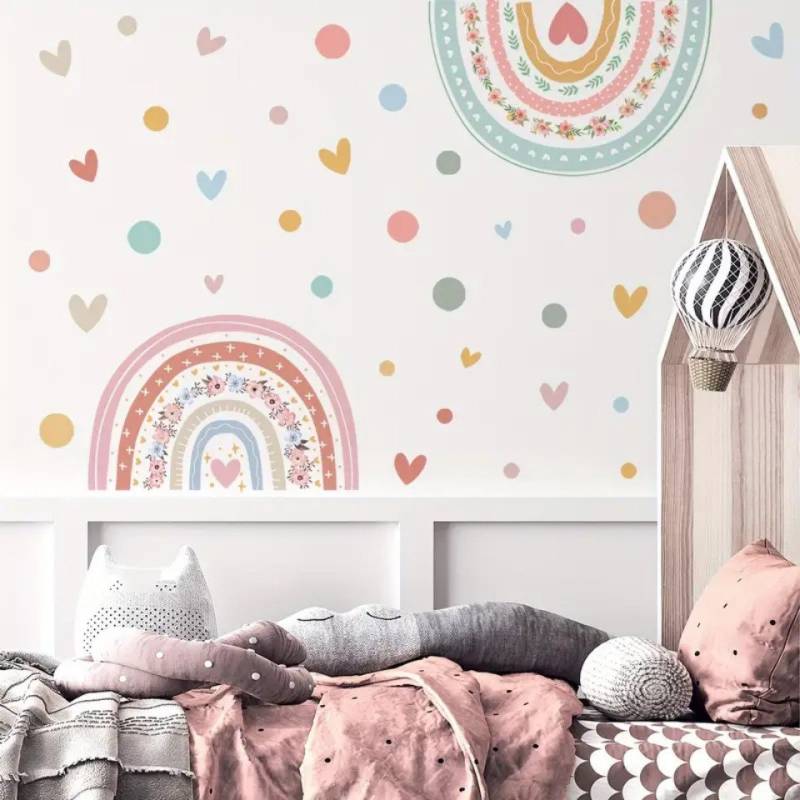 Montegoni Back-Set Rainbow Flower & Heart Polka Dot Wall Decals, (Regenbogen-Blumen & Herz-Punkte Wandaufkleber), 1 Set/2 Bögen abnehmbare selbstklebende PVC Wandsticker für Wohnzimmer von Montegoni