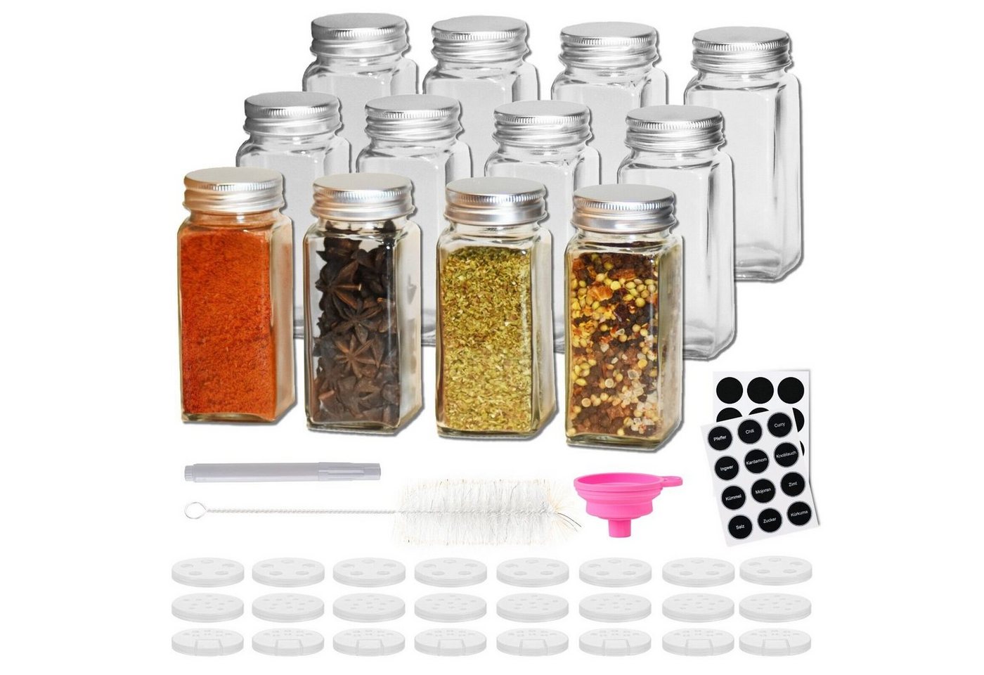 Montegoni Salzstreuer 12 Stk. 120 ml Gewürzgläser Set eckig mit Streueinsatz, (Aus schönem Glas mit Deckel, 16-tlg), 5 in 1 Set mit Gewürzetiketten, Trichter, Bürste & Kreidestift von Montegoni