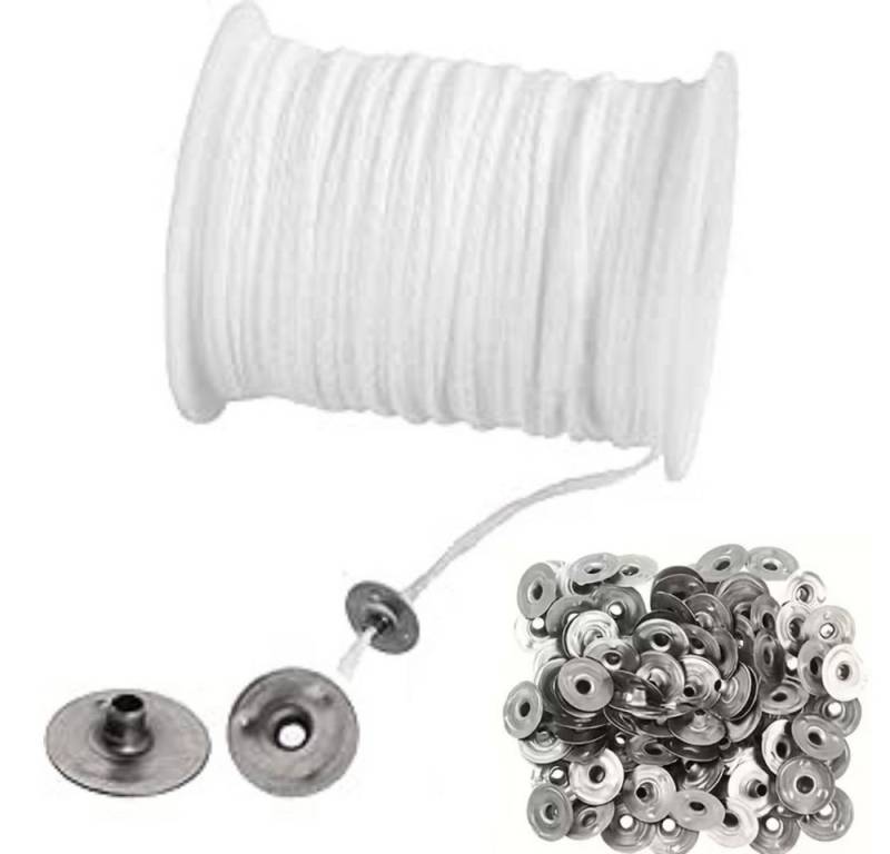 Montegoni Kerzenständer Baumwoll-Dochtrolle 61M mit 100 Metallbasen – Rauchfreie Kerzendochte (Wick-and-Base Set für Kerzengießen, Zweiteiliges Zubehörset aus Dochtrolle & Basen), Raucharm, gleichmäßige Flamme, hitzebeständige Basen von Montegoni