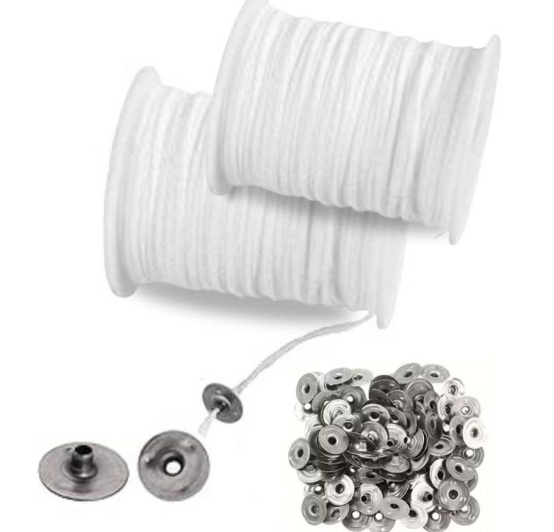 Montegoni Kerzenständer Baumwoll-Dochtrolle 61M mit 100 Metallbasen – Rauchfreie Kerzendochte (Wick-and-Base Set für Kerzengießen, Zweiteiliges Zubehörset aus Dochtrolle & Basen), Raucharm, gleichmäßige Flamme, hitzebeständige Basen von Montegoni