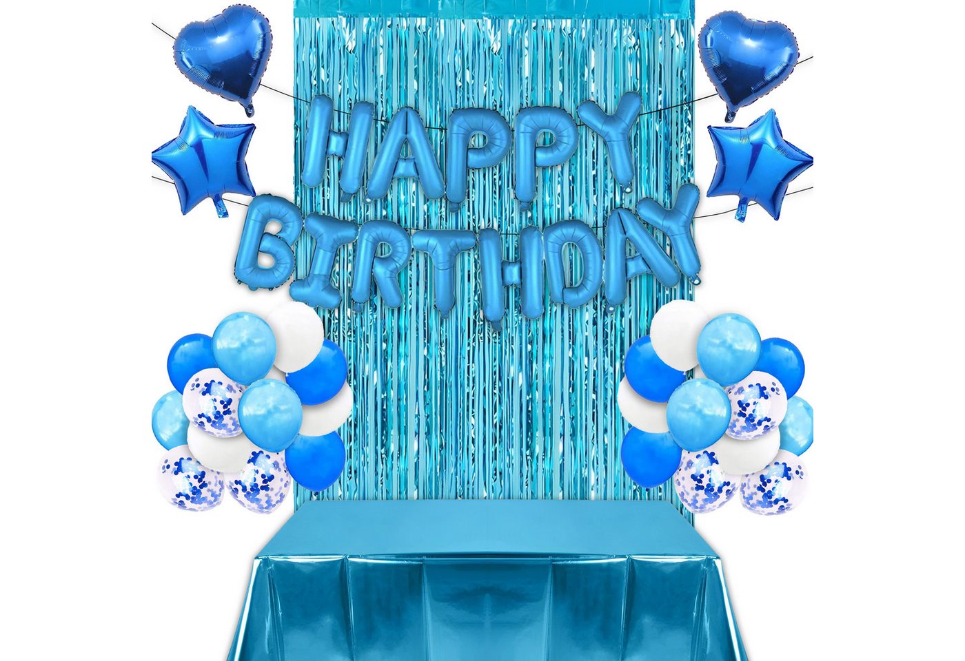 Montegoni Luftballon Blau Geburtstagsdeko Set jungen mit Happy Birthday Girlande, Luftballons,Latex Ballons,Glitzer Vorhang,Blau Kindergeburtstags Deko von Montegoni