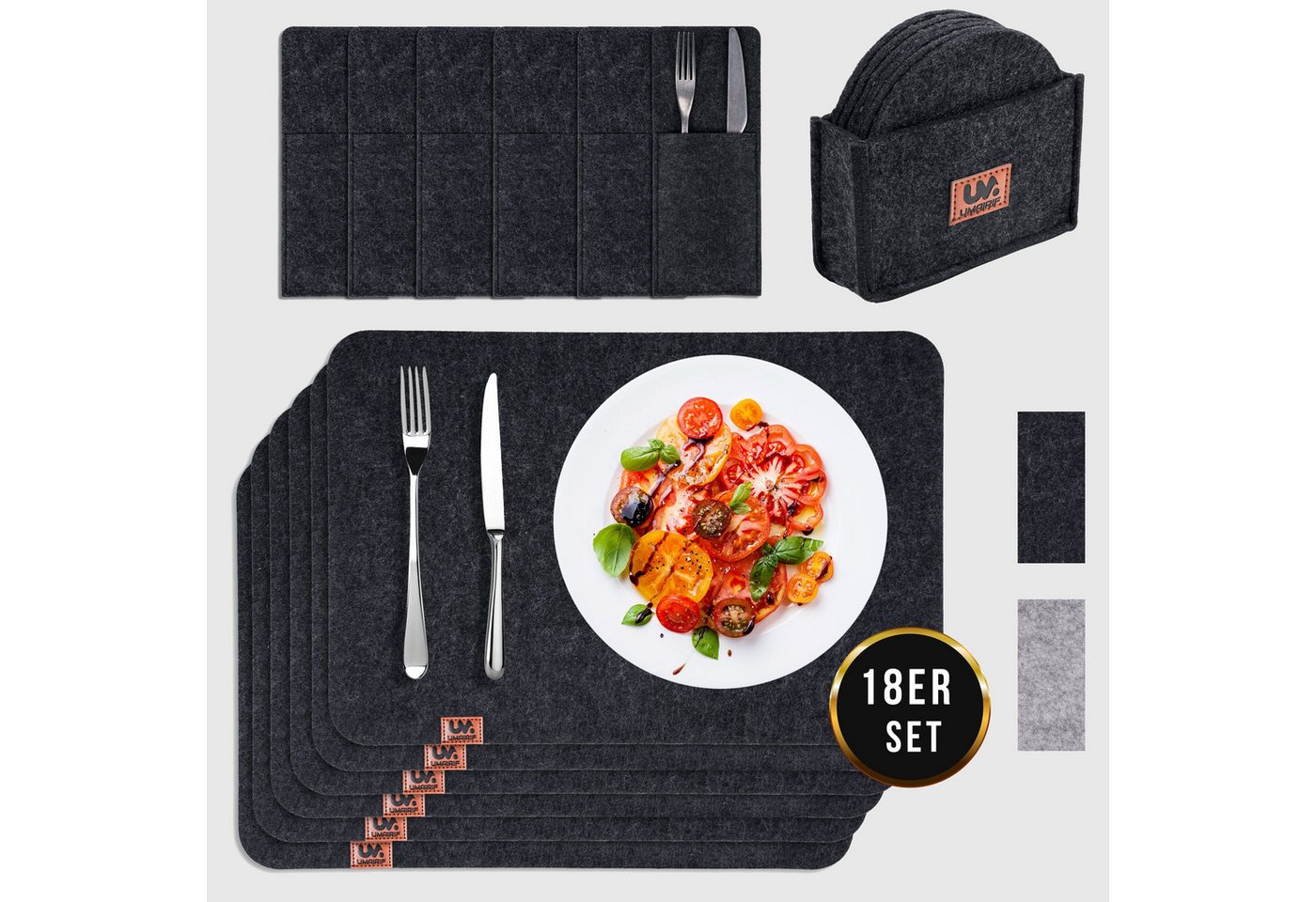 Montegoni Platzset Rutschfeste Tischset abwaschbar aus Filz 18er Set, (6 Tischuntersetzer Platzset (44x32 cm), 6 Glasuntersetzer, 6 Bestecksäcken, Tisch Untersetzer-Set), Platzdeckchen abwischbar von Montegoni