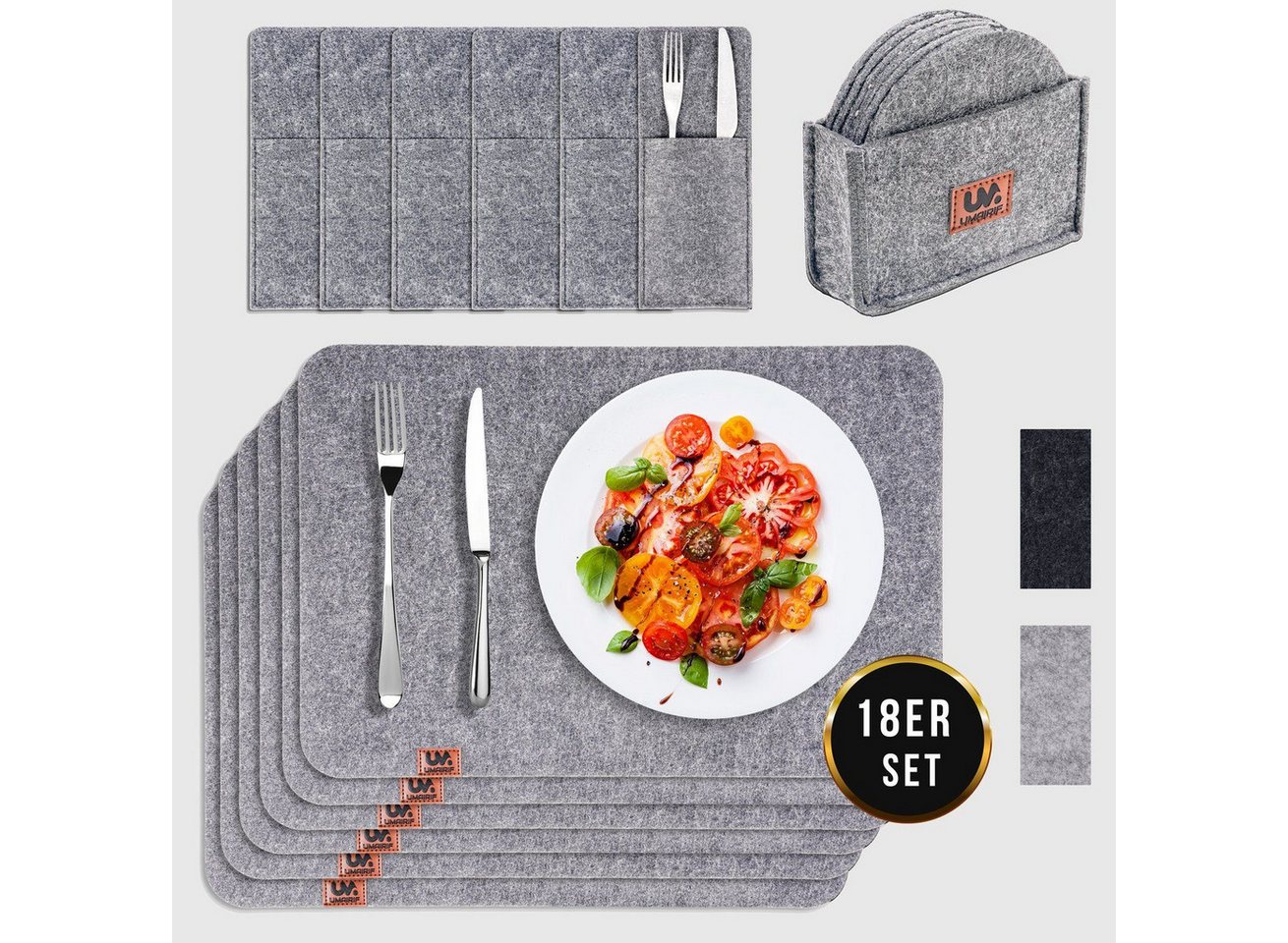 Montegoni Platzset Rutschfeste Tischset abwaschbar aus Filz 18er Set, (6 Tischuntersetzer Platzset (44x32 cm), 6 Glasuntersetzer, 6 Bestecksäcken, Tisch Untersetzer-Set), Platzdeckchen abwischbar von Montegoni