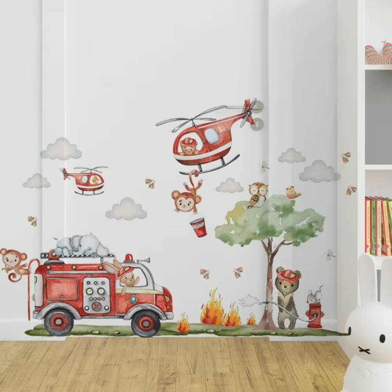 Montegoni Wandsticker Cartoon Feuerwehr Wandsticker, selbstklebend, Kinderzimmerdeko, Selbstklebend und wiederverwendbar, leicht anzubringen von Montegoni