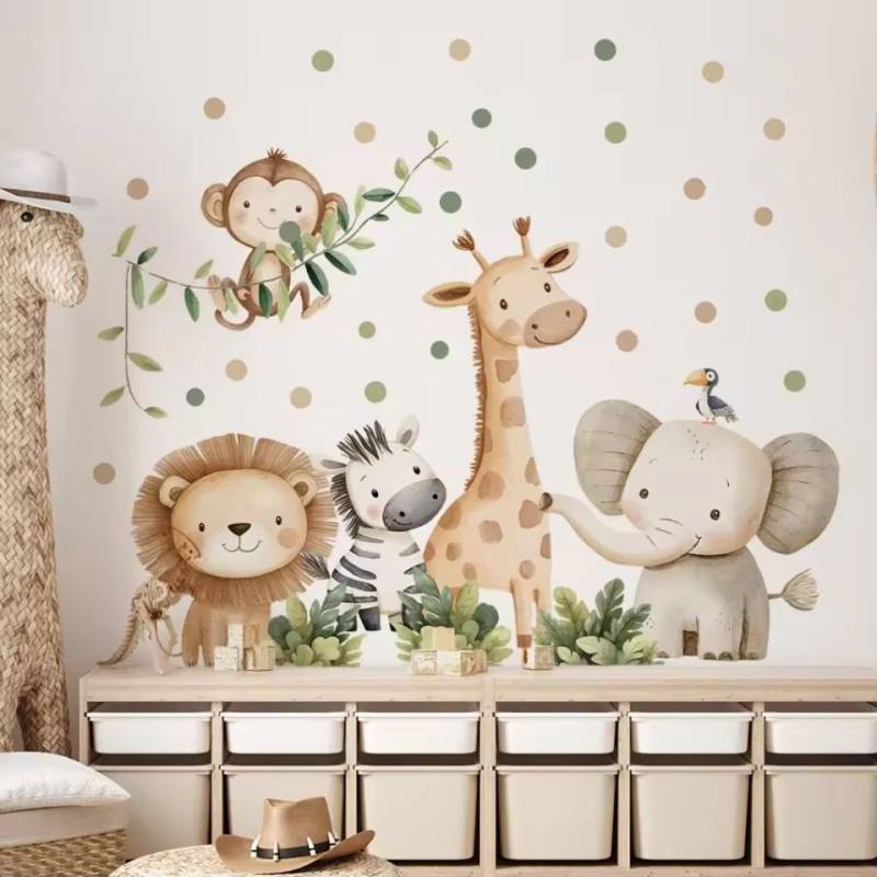 Montegoni Wandsticker Selbstklebende Cartoon Dschungel Tiere Wandaufkleber für Kinderzimmer (stück, 1x Set mit selbstklebenden Cartoon Dschungel Tiere Wandaufklebern), Selbstklebend, wasserdicht, schimmelresistent, bunte Dschungel-Tiere von Montegoni