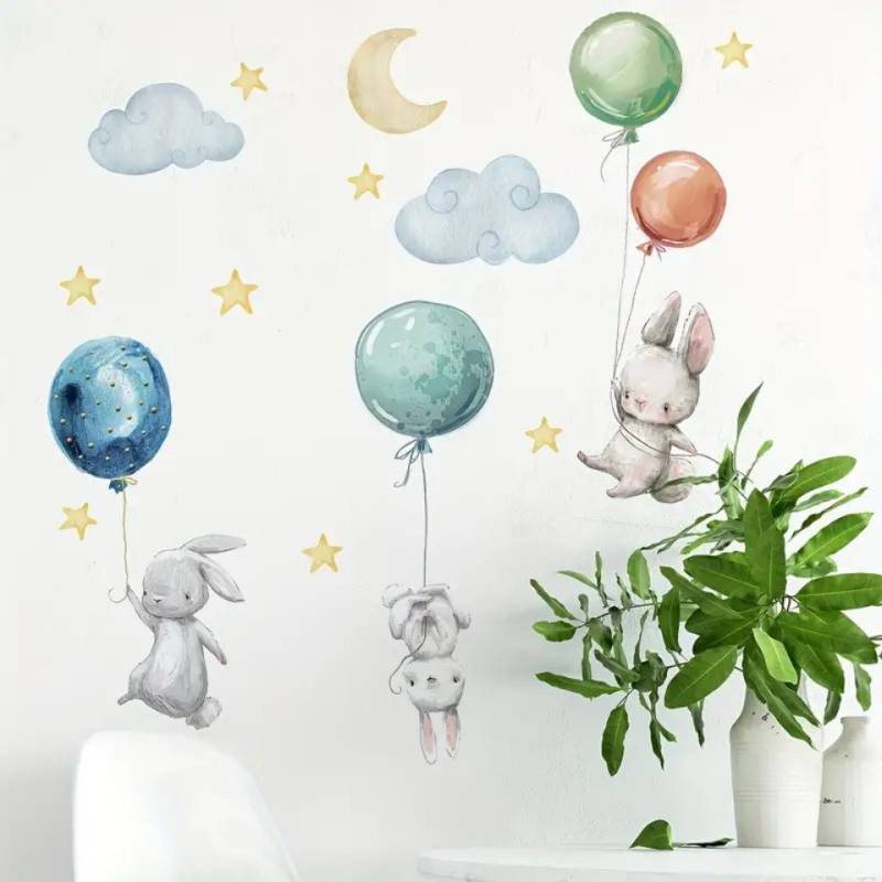 Montegoni Wandsticker Süße Hasen und Ballon Wandsticker Abnehmbare PVC Sticker, Selbstklebend und einfach zu entfernen, ideal für glatte Oberflächen von Montegoni