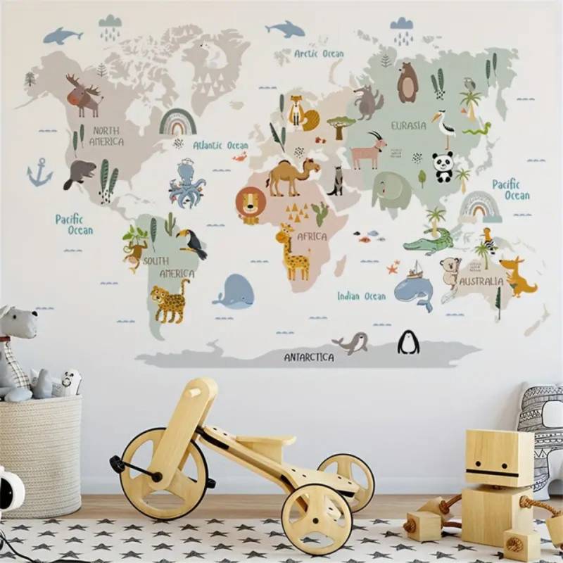 Montegoni Wandsticker Tropische Tierwelt Landkarte Wandaufkleber, Selbstklebende PVC Sticker für mehrere Oberflächen von Montegoni