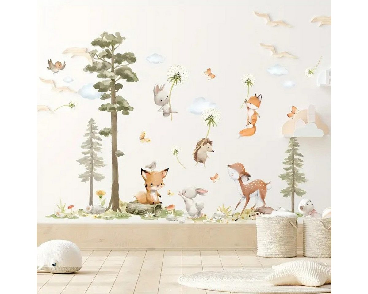 Montegoni Wandtattoo Wandaufkleber Kaninchen Fuchs Hirsch Baum für Kinderzimmer (Kinderzimmer, Schlafzimmer, Wohnzimmer, Wanddekoration saufkleber), Selbstklebende Wandaufkleber von Montegoni