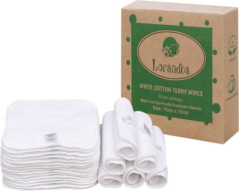 Montegoni Waschhandschuh 100 % Baumwolle Frottee wiederverwendbare Babytücher, (Flanell-Waschlappen 25er Pack - 15x15cm - Weiß), parfümfrei waschbar ultraweiche und super saugfähige von Montegoni