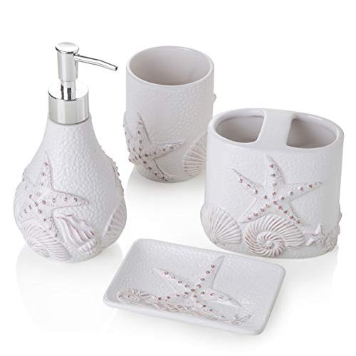 MONTEMAGGI 4-teiliges Set aus Keramik für das Badezimmer, weiß, Muscheln, inklusive Spender und Zahnbürstenhalter, Becher und Seifenschale von MONTEMAGGI