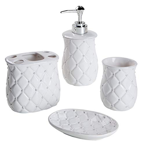 MONTEMAGGI, 4-teiliges Badezimmer-Set aus Keramik, Classic, Weiß, Gemustert Inklusive Spender, Zahnbürstenhalter, Becher und Seifenschale von Baroni Home