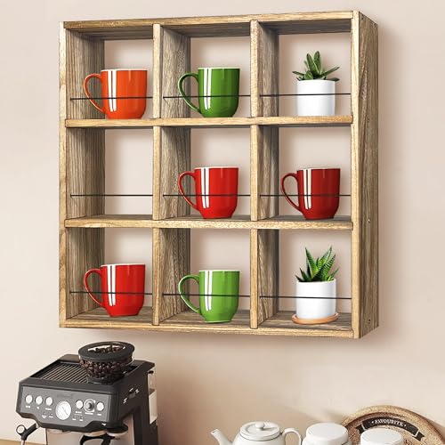 Kaffeebecher-Halter, Tassenregal, Wandmontage, 3-stöckiges Kaffeebecher-Regal, rustikales Kaffeebecher-Präsentationsregal für Küche, Zuhause, Kaffeebar (9 Gitter) von Montex
