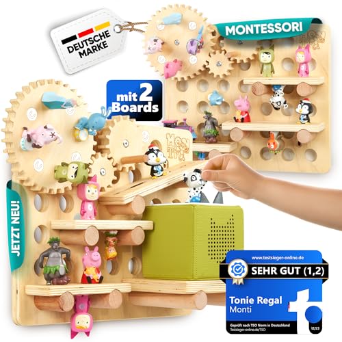 Monti Tonie Regal 2er Set für Tonies + Toniebox [stabiles Montessori Spielzeug] XL für 75 Toniefiguren + Box für Mädchen und Jungen | Kreativ Tonieregal zur Aufbewahrung | Zubehör Starterset von Monti
