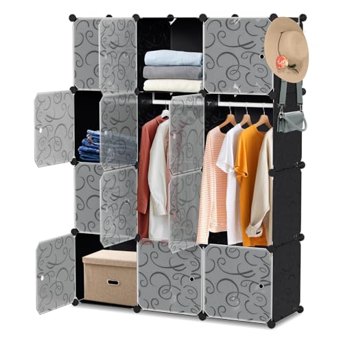 Monucep Kleiderschrank, Tragbarer Regalsystem, 12 Würfel Schrank aus Kunststoff, offener kleiderschrank Mit 2 Kleiderbügeln und 2 Haken, Schwarz von Monucep
