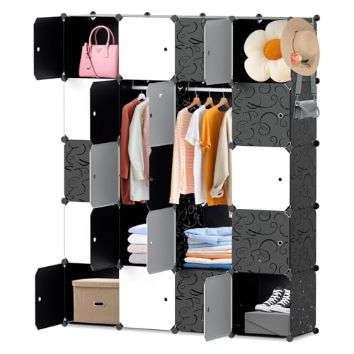 Monucep Kleiderschrank, Tragbarer Regalsystem, 16 Würfel Schrank aus Kunststoff und 1 schuhregal, offener kleiderschrank, Schlafzimmerschrank kleiderschrank, Schwarz von Monucep
