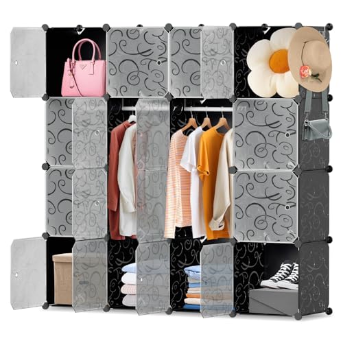 Monucep Kleiderschrank, Tragbarer Regalsystem, 20 Würfel Schrank aus Kunststoff, offener kleiderschrank Mit 2 Kleiderbügeln und 2 Haken, Schwarz von Monucep