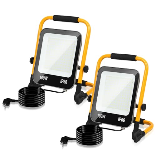 Monucep LED Baustrahler, 2x100W 10000LM LED Arbeitsleuchte, IP66 Wasserdicht Baustrahler mit 3M Kabel und Faltbarer Ständer, Tragbar Arbeitsscheinwerfer baulampe für Baustelle, Garage, 6000K Monucep LED Baustrahler, 2x100W 10000LM LED Arbeitsleuchte, IP66 Wasserdicht Baustrahler mit 3M Kabel und Faltbarer Ständer, Tragbar Arbeitsscheinwerfer baulampe für Baustelle, Garage, 6000K von Monucep