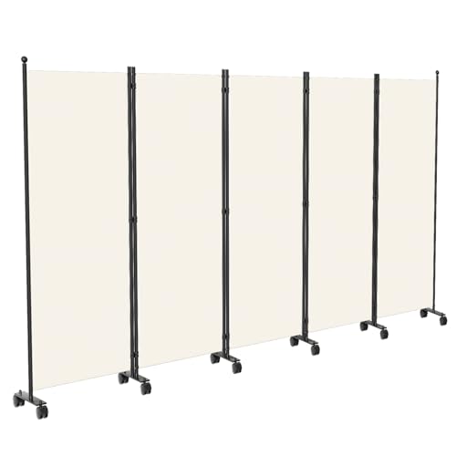 Monucep Paravent Raumteiler 284x181x30cm, 5 Teilig klappbar Freistehend Trennwand auf Rollen und Bremsen, Umkleide Sichtschutz Wand Raumtrenner, Stellwand für innen Outdoor Garten Büros Terrasse, Weiß von Monucep