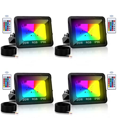 Monucep RGB Strahler 20W Fluter Mit Fernbedienung LED Außen Fluter Flutlichtstrahler IP66 Wasserdicht, Memory funktion Außen Strahler Flutlicht, Garten Stimmungslichter (4er-Pack) von Monucep