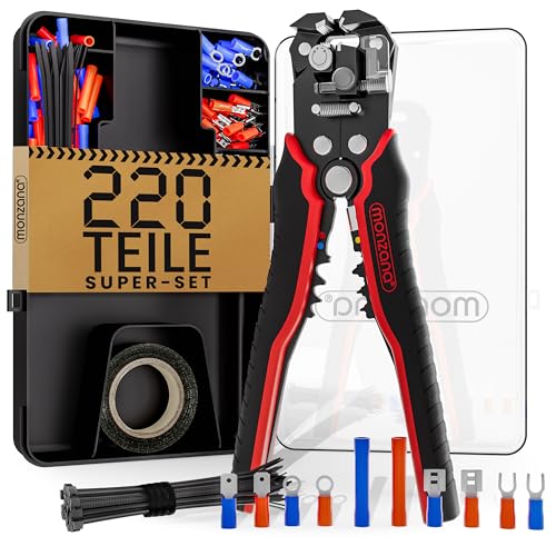 MONZANA® Abisolierzange 3in1 Set 220-teilig Zubehör Box 0,2-6mm² Stahl Automatisch Isolierband Kabelbinder Elektro Abisolierwerkzeug Crimpzange Kabel von Monzana