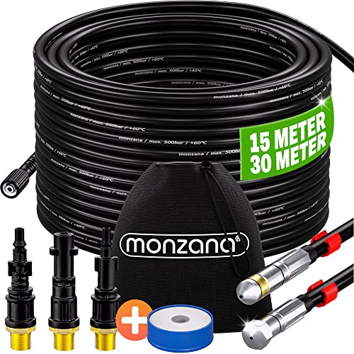 MONZANA® Rohrreinigungsschlauch Premium Set 15m 200bar inkl. 3 Adapter 2 Düsen Kärcher K2 K3 K4 K5 K6 K7 Hochdruckreiniger Universal Rohrreinigungsset von Monzana