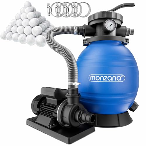 MONZANA® Sandfilteranlage SF102K mit Vorfilter 9.960L/h bis 35.000L Pool mit 1.2kg Filterbällen 7 Wege Ventil 2in1 Adapter Ø32-38mm 400W Filteranlage Pumpe Filterkessel von Monzana
