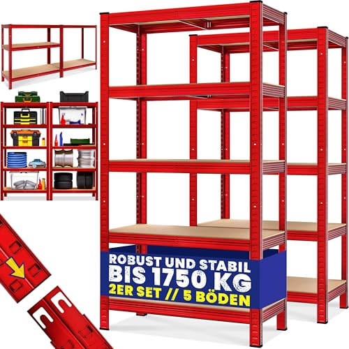 Monzana® 2X Schwerlastregal 180x90x40cm rot 1750kg 10 MDF-Platten Montagematerial Kellerregal Lagerregal Steckregal Metallregal Werkstattregal von Monzana