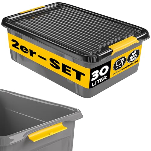 Monzana® 2x Aufbewahrungsbox 30L mit Deckel 40kg belastbar Kunststoff BPA frei Klickverschluss stabil flexibel stapelbar blickdicht Keller Garage Box von Monzana