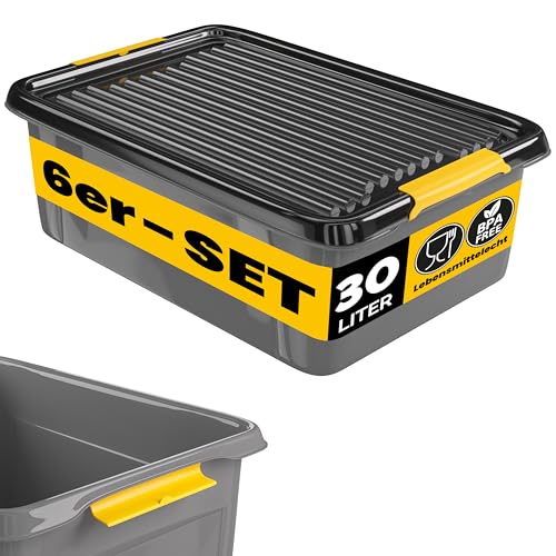 Monzana® 6x Aufbewahrungsbox 30L mit Deckel 40kg belastbar Kunststoff BPA frei Klickverschluss stabil flexibel stapelbar blickdicht Keller Garage Box von Monzana