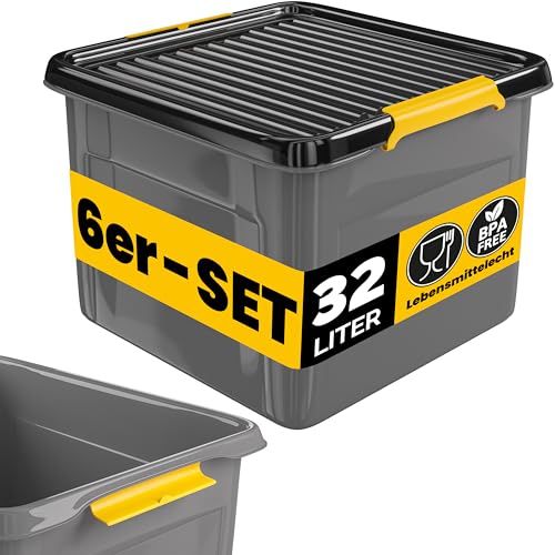 Monzana® 6x Aufbewahrungsbox 32L mit Deckel 40kg belastbar Kunststoff BPA frei Klickverschluss stabil flexibel stapelbar blickdicht Keller Garage Box von Monzana