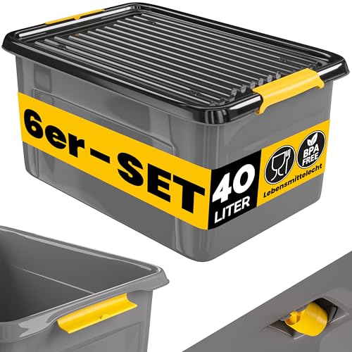Monzana® 6x Aufbewahrungsbox 40L mit Deckel 40kg belastbar Kunststoff BPA frei Klickverschluss stabil flexibel stapelbar blickdicht Keller Garage Box von Monzana