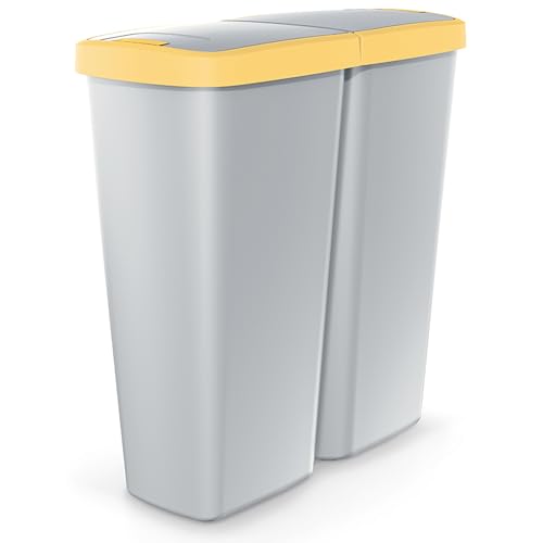 Monzana® Mülleimer Küche 50L 2 Fächer mit Deckel Druckknopf Abfalleimer Büro Papierkorb Biomüll Gelber Sack Mülltrennsystem Recycling Grau Gelb von Monzana