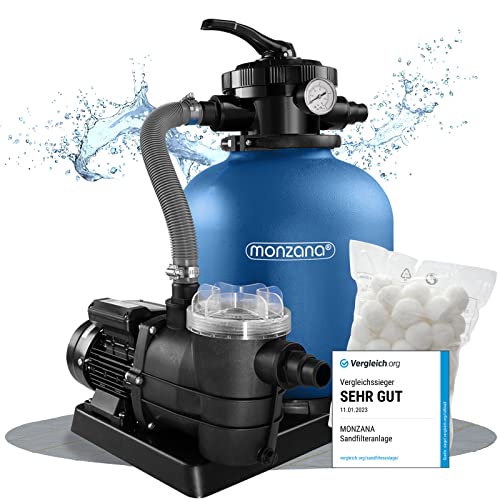 Monzana® Sandfilteranlage SF102K mit Vorfilter 9.960L/h bis 35.000L Pool mit 1.2kg Filterbällen 7 Wege Ventil 2in1 Adapter Ø32-38mm 400W Filteranlage Pumpe Filterkessel von Monzana