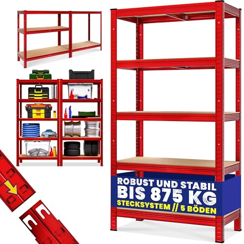 Monzana® Schwerlastregal 180x90x40cm 875kg rot 5 MDF-Platten Lagerregal Kellerregal Steckregal Werkstattregal von Monzana