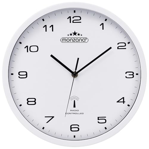 Monzana® Wanduhr Funk Automatische Zeitumstellung Geräuscharm Quarzuhrwerk Analog 31 cm Indoor Funkuhr Uhr Modern Weiß von Monzana