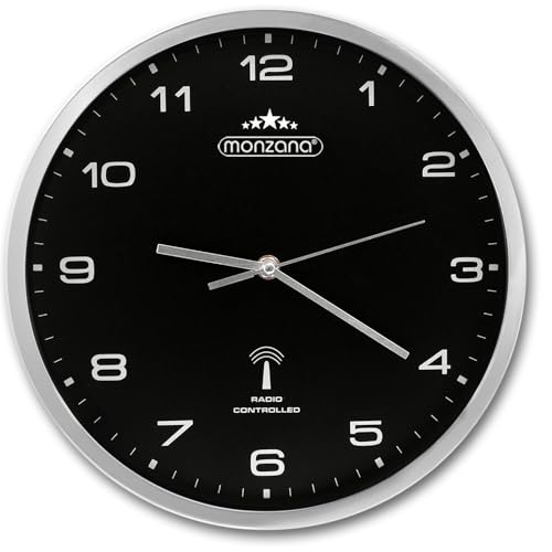 Monzana® Wanduhr Funk Automatische Zeitumstellung Geräuscharm Quarzuhrwerk Analog 31 cm Indoor Funkuhr Uhr Schwarz Silber von Monzana