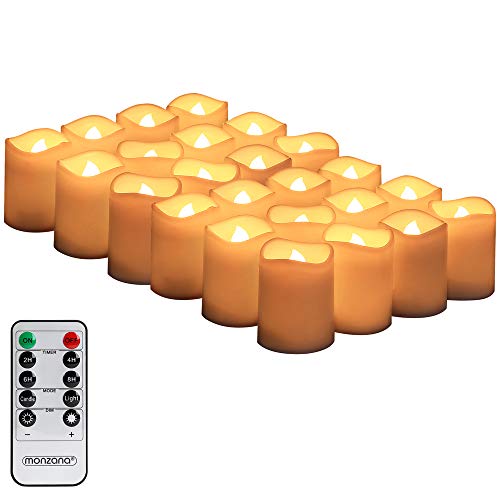 Monzana LED Kerzen mit Timer Fernbedienung Elektrische Flackernde Batteriebetriebene Kerzen Dimmbar 4x4,5 cm Warmweiß (24er Set) von Monzana