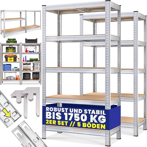 Monzana® 2X Schwerlastregal 180x90x40cm Befestigungsmaterial 1750kg 10 MDF-Platten Kellerregal Lagerregal Steckregal Metallregal Werkstattregal Silber von Monzana