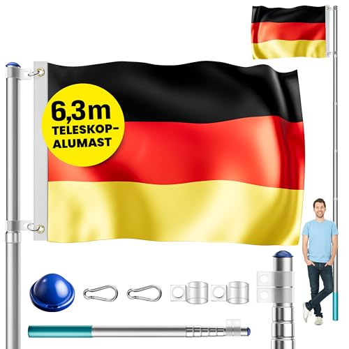 MONZANA® Aluminium Teleskop Fahnenmast 6,30m Bodenhülse 60cm inkl Deutschlandfahne Flaggenmast Mast Flagge Alu von Monzana