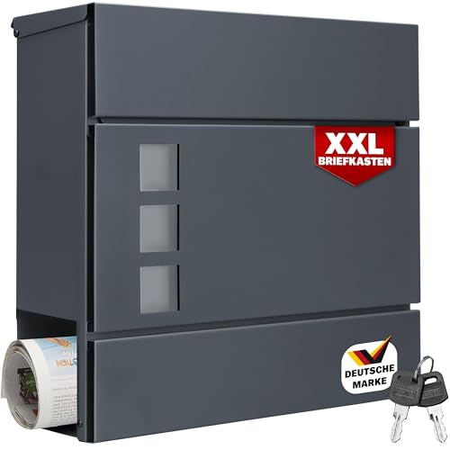 MONZANA® XXL Briefkasten Postkasten mit Zeitungsfach Sichtfenster abschließbar 2 Schlüssel Montagematerial Stahl modern einfache Montage Zeitungsrolle Wandbriefkasten Anthrazit von Monzana