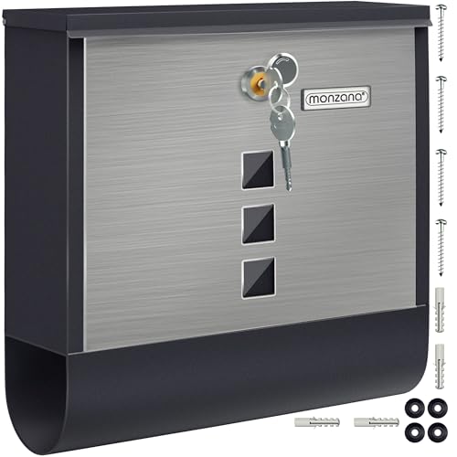 MONZANA® Briefkasten Kreuzschloss mit Kupfer-Schließzylinder drehbare Abdeckung 31x10x34 cm Sichtfenster Namensschild Zeitungsfach legierter Stahl 2 Schlüssel Postkasten Schwarz-Silber von Monzana