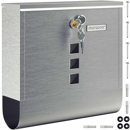 MONZANA® Briefkasten Kreuzschloss mit Kupfer-Schließzylinder drehbare Abdeckung 31x10x34 cm Sichtfenster Namensschild Zeitungsfach einfache Montage Edelstahl 2 Schlüssel Postkasten Silber von Monzana