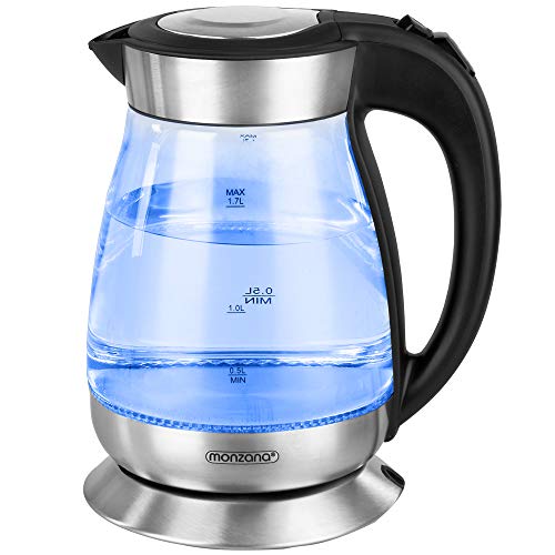 MONZANA® Glas Wasserkocher 1,7L LED Edelstahl Kabellos 2200W BPA Frei Überhitzungsschutz Kalkfilter 360°C Basis Küche Teekocher von Monzana
