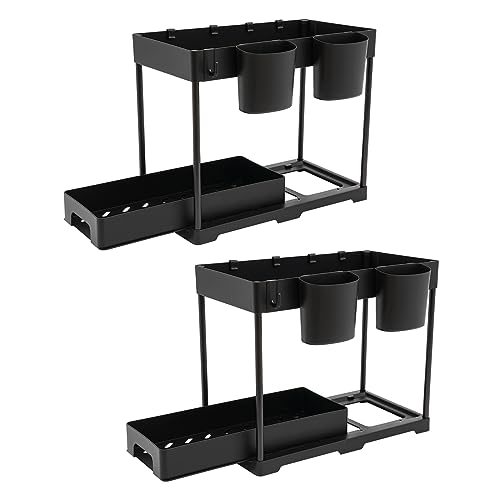 2 PCS Unter Waschbecken Regal aus PP mit 6 Abnehmbare Haken, Spülschrankregal Küche Schrank Organizer mit 2 Hängende Töpfe, Herausziehbarer Küche Schrank Organizer Schubladen-Organizer (Schwarz) von MooBeey