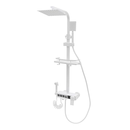 Duschsystem Regendusche Duschset Duscharmatur Komplettset mit Thermostat, 20x20cm Eckig Kopfbrause Duschset mit Digitalanzeige, Duschgarnitur Verstellbare Duschstange mit Ablagekorb (Weiß) von MooBeey