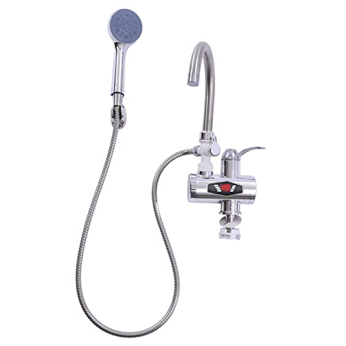 Elektrische Heizung Wasserhahn aus Edelstahl mit Handbrause, 360° Drehbarer Sofortiger Warmwasserbereiter mit LCD-Anzeige, Elektrische Warmwasserhahn Mischbatterie mit Durchlauferhitzer von MooBeey