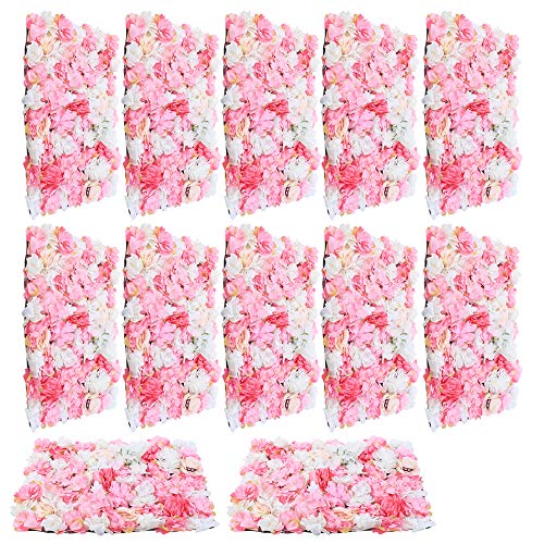 MooBeey 12 Pcs 60 x 40 cm Kunstblumen Deko Seidenblumen Wandpaneel, Künstliche Blumen Wandmatte Hochzeit Blumenpaneele Wandblumen, Dekorativer Kunstblumen-Wandhintergrund für Fotohintergrund (Rosa) von MooBeey