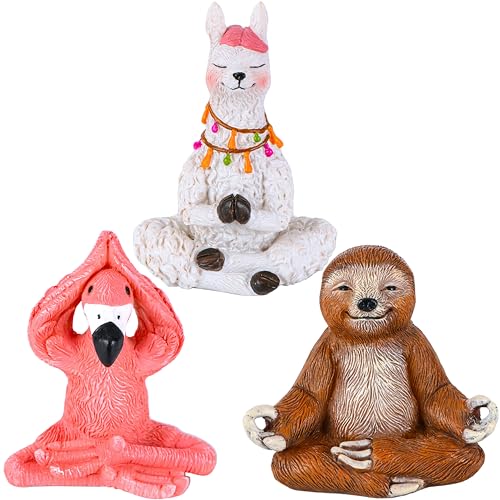 Mood Lab Miniatur-Yoga-Figuren-Set – lustiges Mini-Statuen-Set mit 3 Stück – Flamingo, Lama und Faultier in Meditationspose – Feengarten-Dekoration von Mood Lab