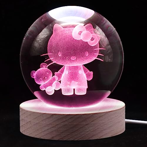 3.15inch Cat 3D Kristallkugel Lampe mit Holzsockel, 16 Farben Dimmbare LED-Kristallkugel Lampe mit Fernbedienung, Figuren Nachtlicht Dekoration, Geburtstagsgeschenk für Jungen Und Mädchen von Moodlamp